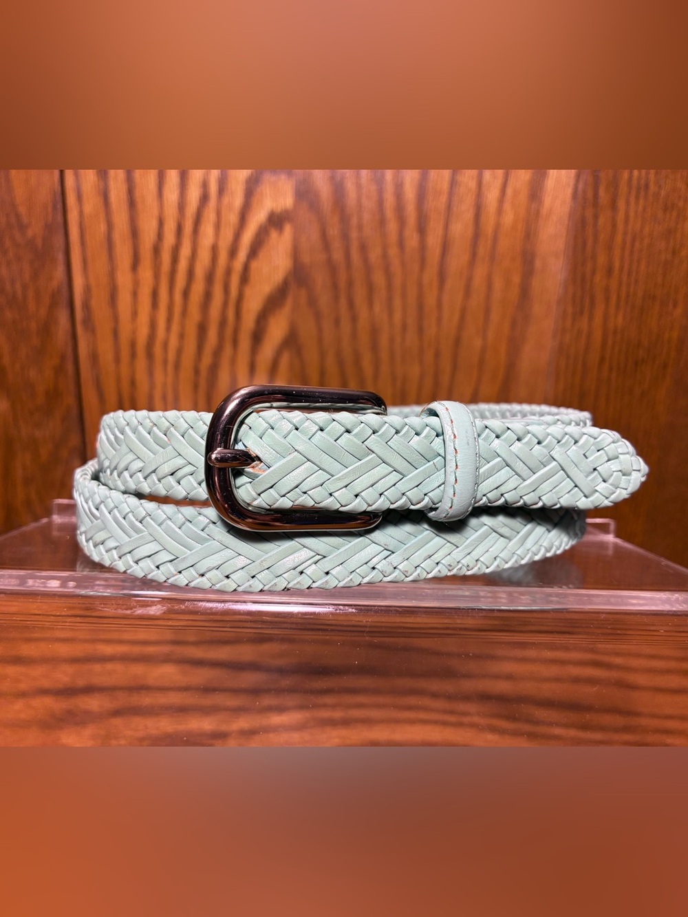 Talbots Braided Aqua Blue Genuine Leather Belt Silver Buckle Medium